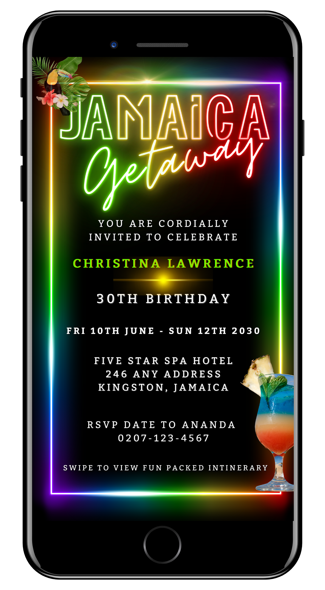 Jamaica Colourful Neon | Getaway Party Evite displayed on a smartphone screen, featuring customizable text and neon design elements.
