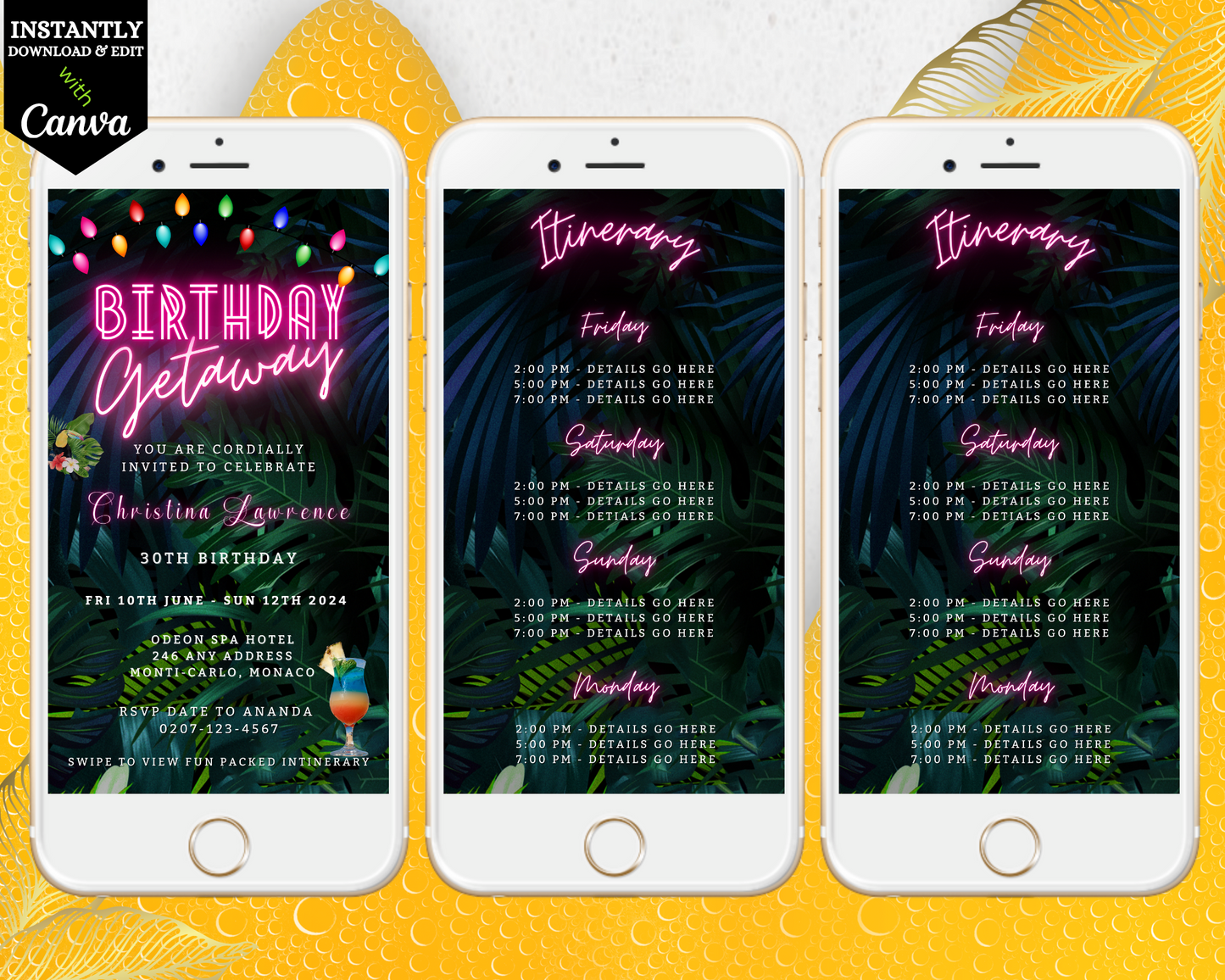 Smartphone displaying a customizable Tropical Destination Neon Pink | Birthday Getaway Evite template, ready for easy personalization and electronic sharing via various messaging apps.