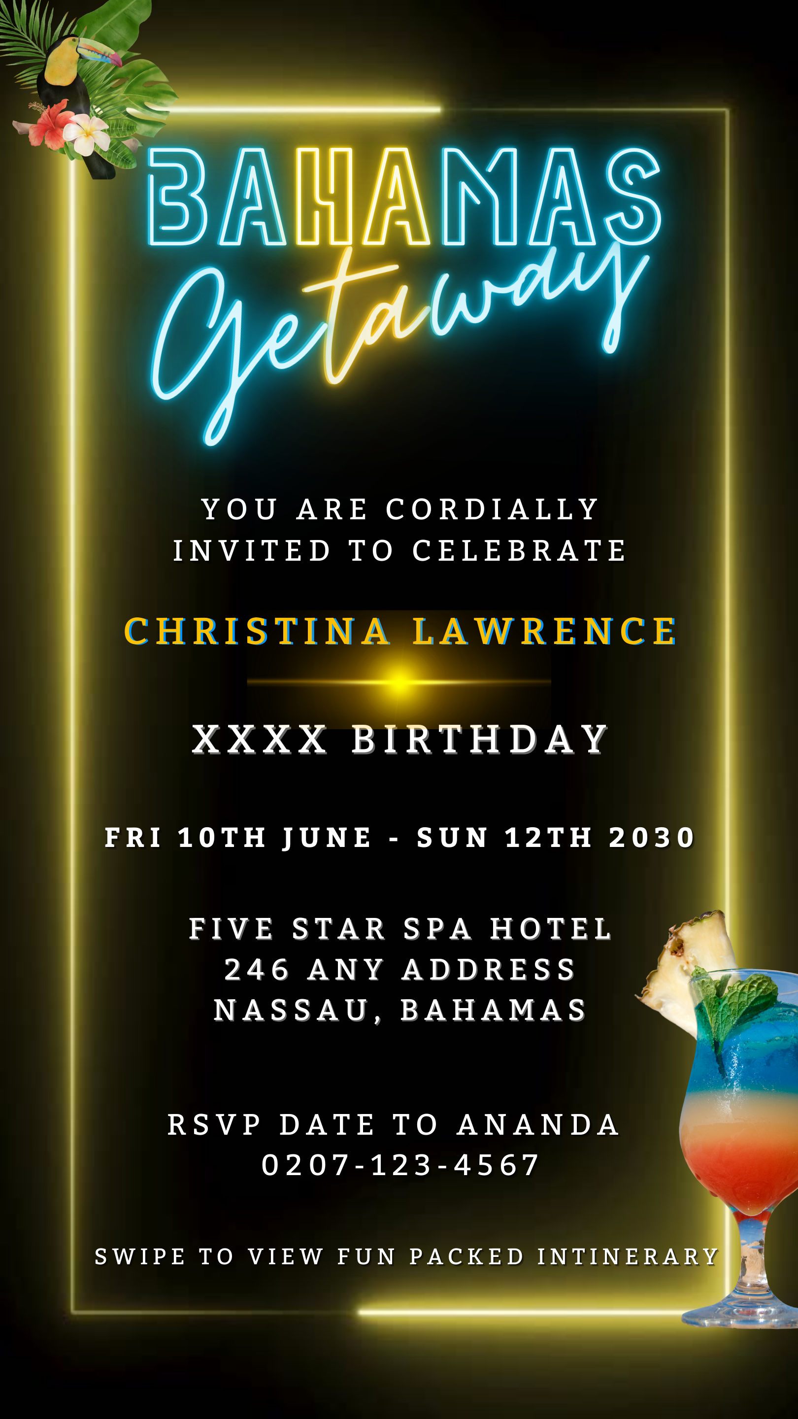 Bahamas Getaway Video Invitation features a vibrant tropical theme with neon accents, a toucan, and a cocktail, perfect for customizable digital celebrations.