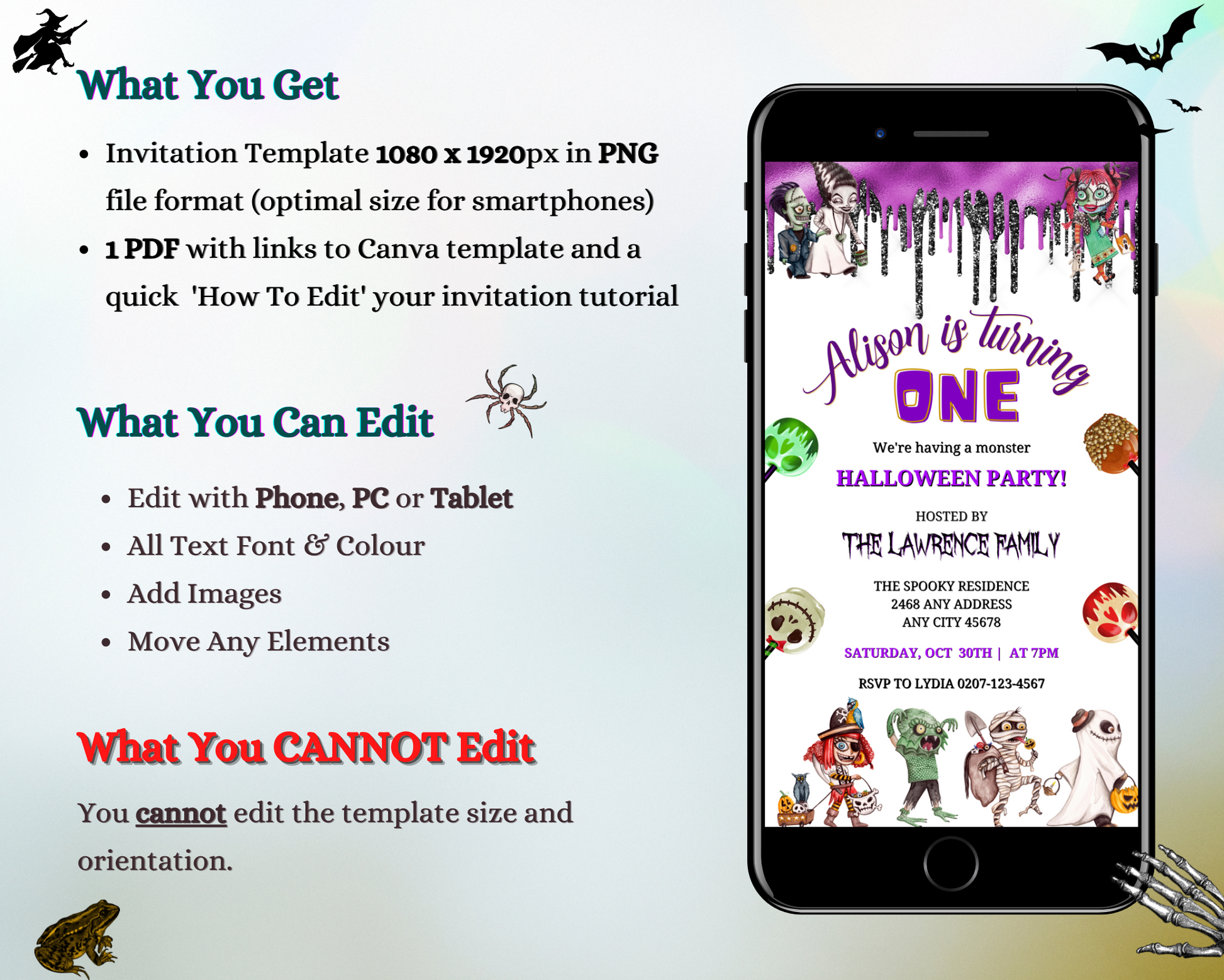 Cell phone displaying Gang of Monsters White Purple Children's Halloween Party Evite with cartoon monsters and Halloween icons.