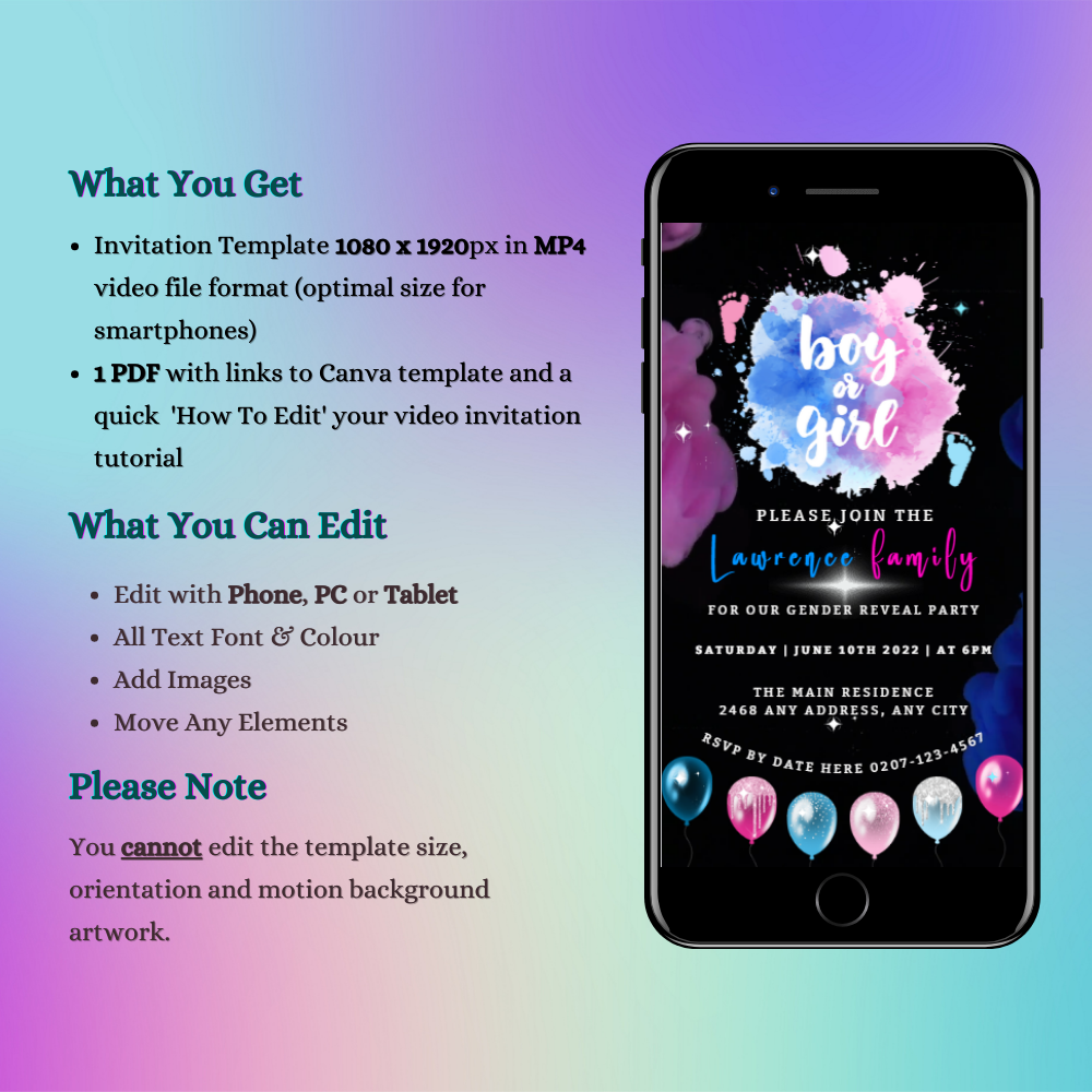 Customizable Digital Dark Pink Blue Feet Cloud Gender Reveal Party Video Invitation displayed on a smartphone screen, featuring editable text and balloon graphics.