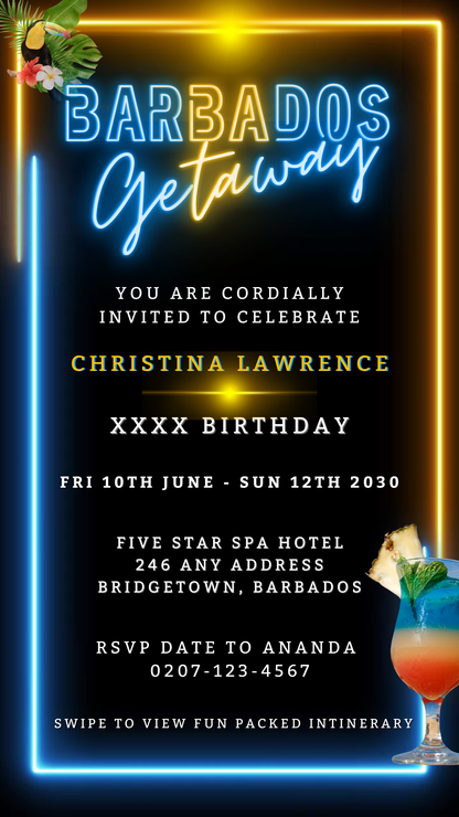 Barbados Getaway Video Invitation featuring vibrant neon accents, tropical-themed graphics with a toucan, perfect for customizable digital invitations celebrating special occasions.