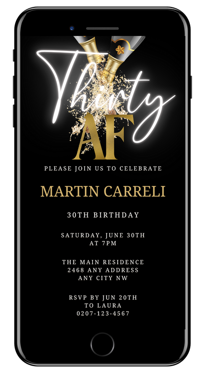 Black Gold Champagne White | Thirty AF Party Evite with customizable text, gold accents, and elegant design, viewed on a smartphone.