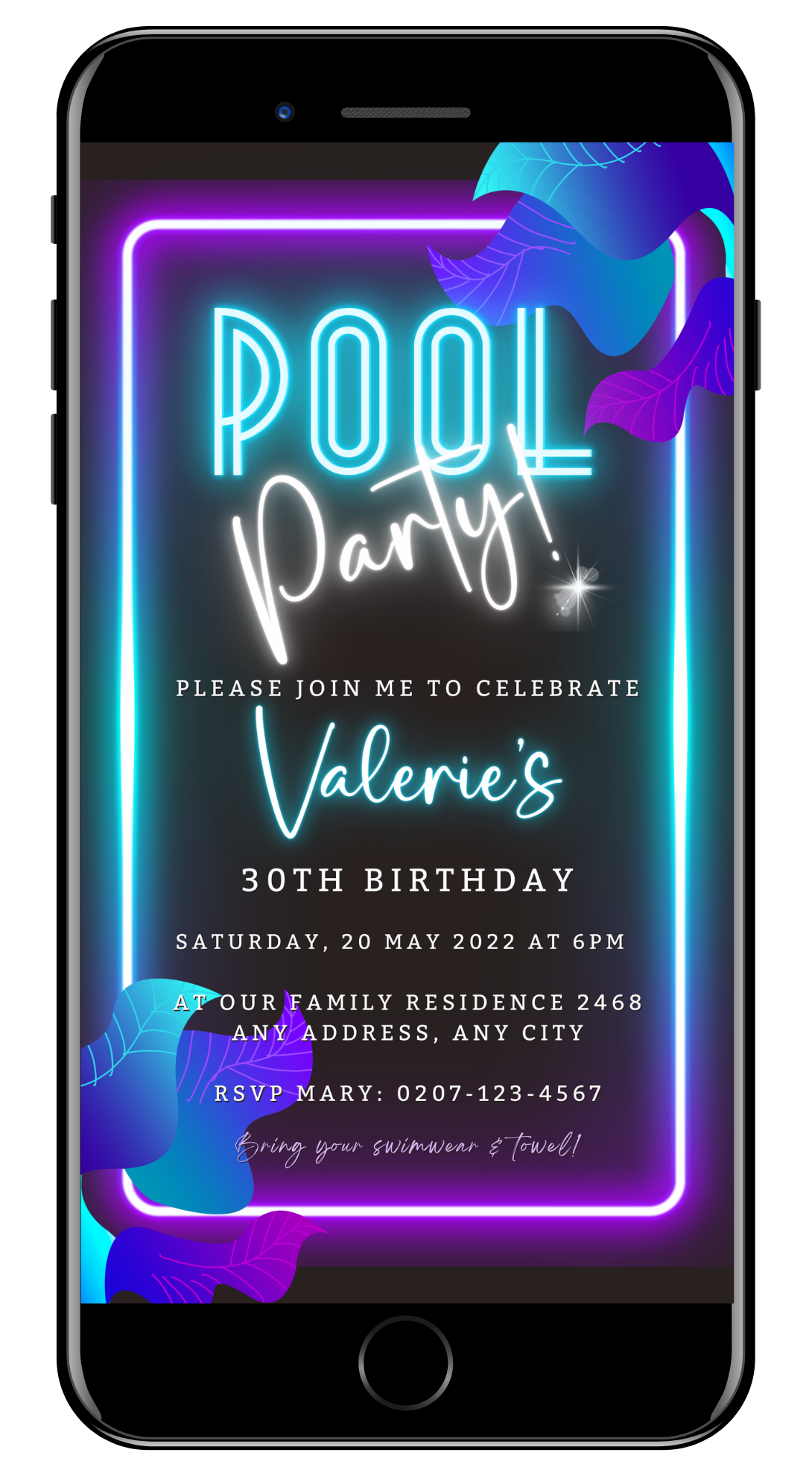 Neon Pool Party | Digital Invite displayed on a smartphone screen, showcasing customizable neon-themed invitation details for digital sharing via text, email, and social media.