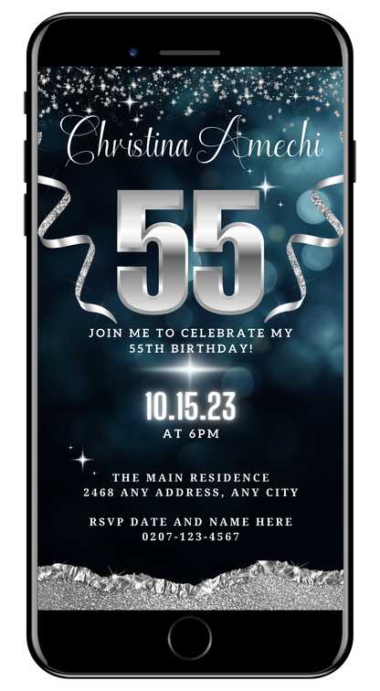 Customizable digital navy blue and silver glitter 55th birthday evite displayed on a smartphone screen, featuring editable text and decorative elements for personalizing in Canva.