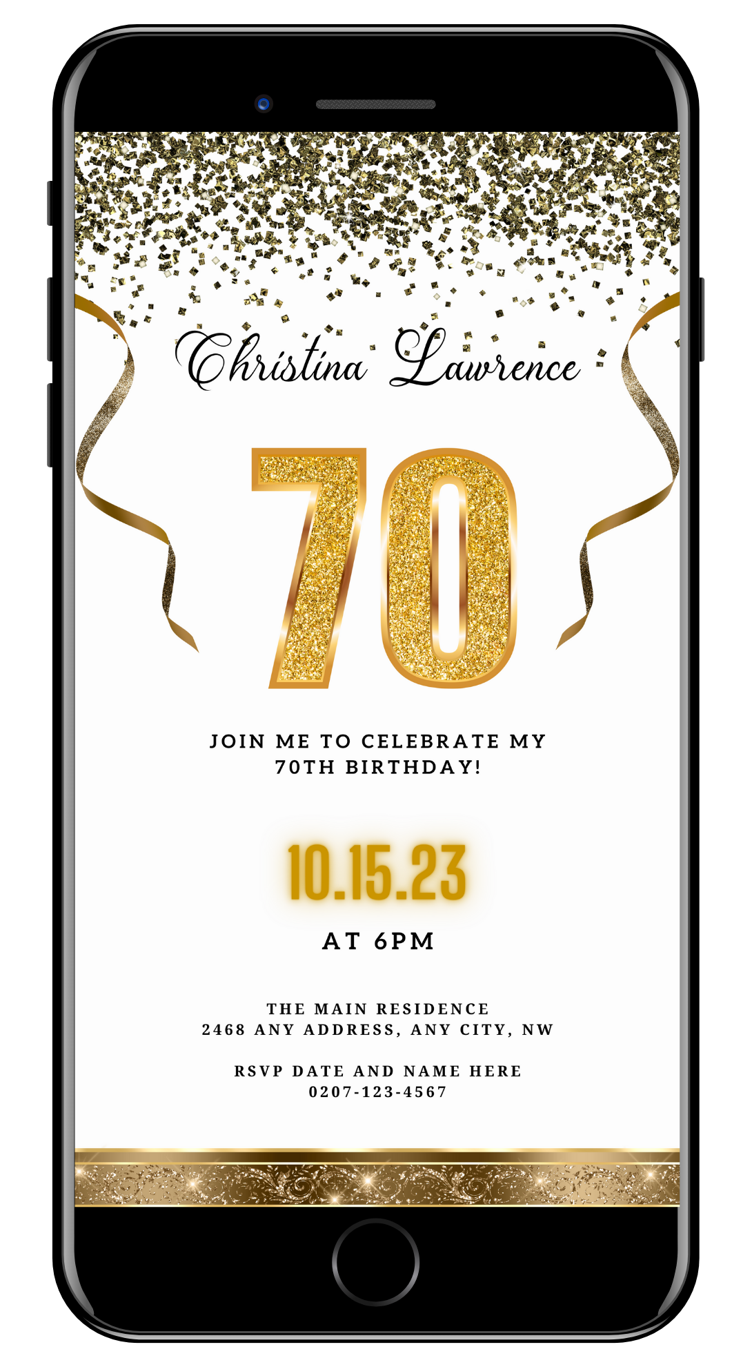 Customizable White Gold Confetti | 70th Birthday Evite displayed on a smartphone screen with gold text and ribbons, ideal for digital invitations.