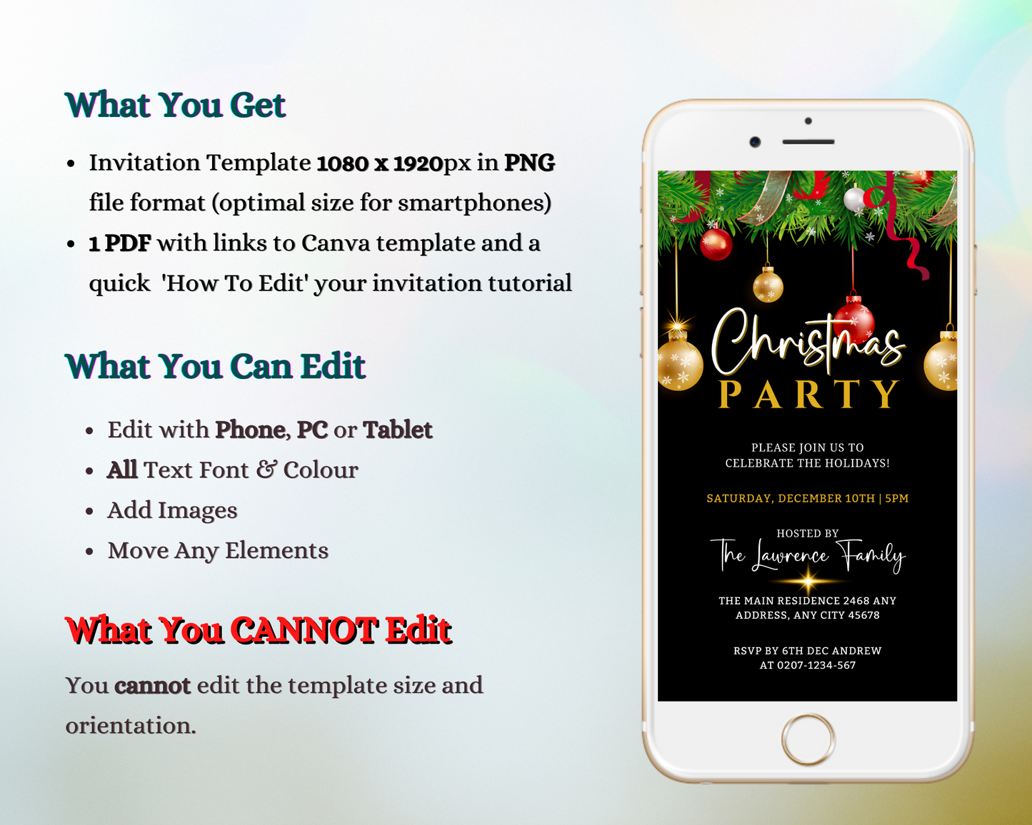 Christmas party invitation template displayed on a smartphone screen, featuring editable red, gold, and green leaf designs, customizable via Canva for digital sharing.