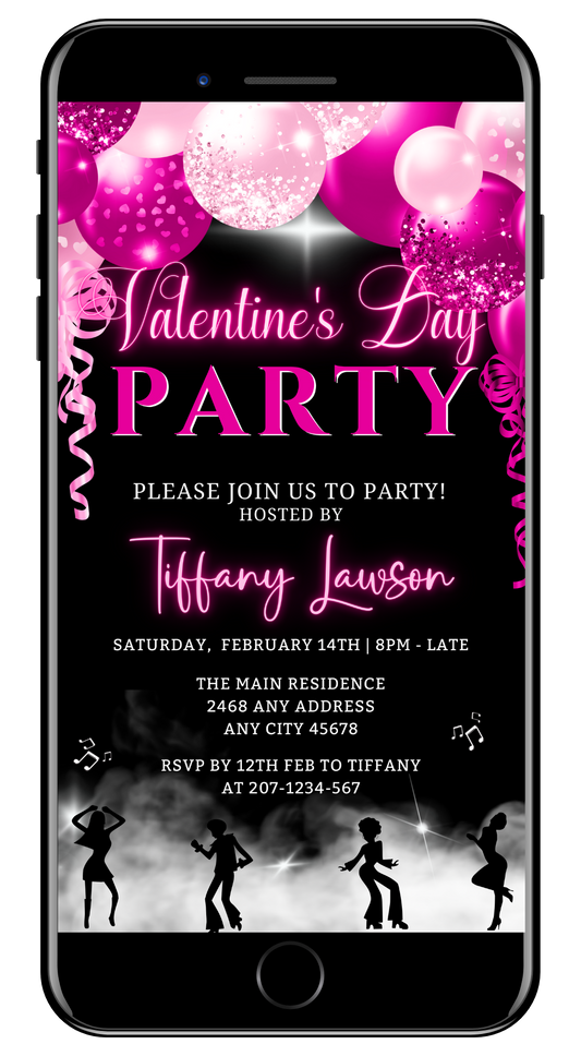 Editable digital invitation for Valentine's Day party featuring silhouettes of dancers, pink neon balloons, and customizable text.