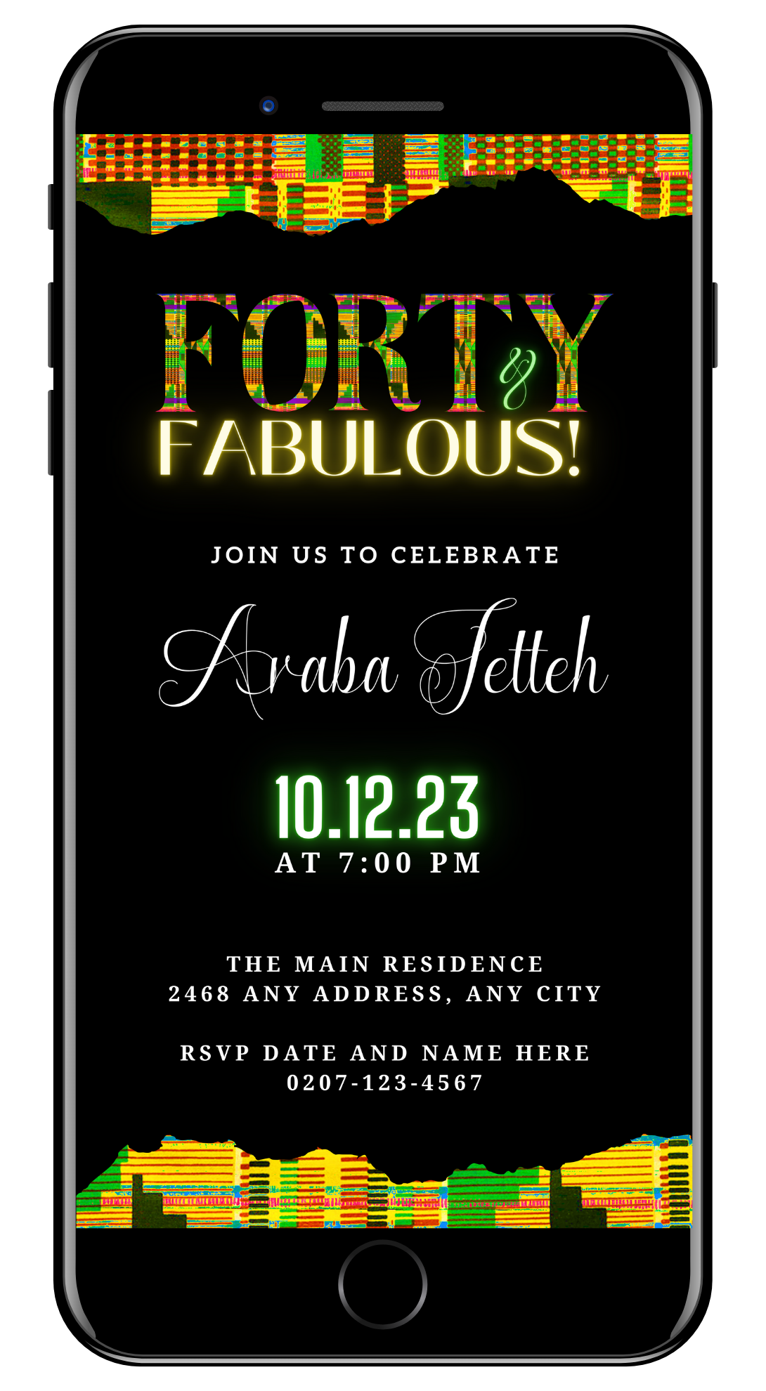 Editable digital invitation Green Yellow Kente | 40 & Fabulous Party Evite with customizable text and colorful design, shown on a smartphone screen.