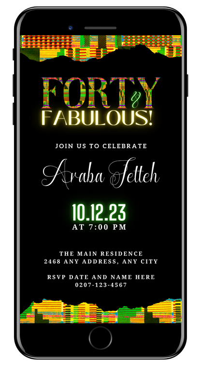 Editable digital invitation Green Yellow Kente | 40 & Fabulous Party Evite with customizable text and colorful design, shown on a smartphone screen.
