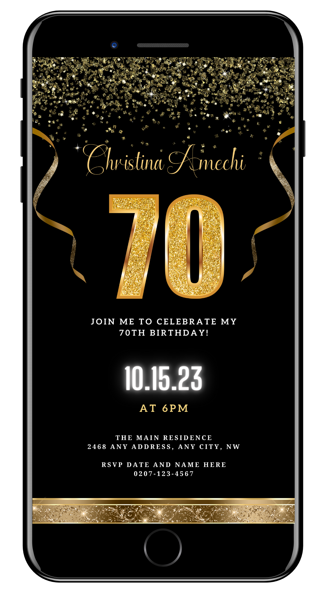 Black Gold Confetti 70th Birthday Evite displayed on a smartphone screen, featuring customizable text and glittery gold elements on a black background.