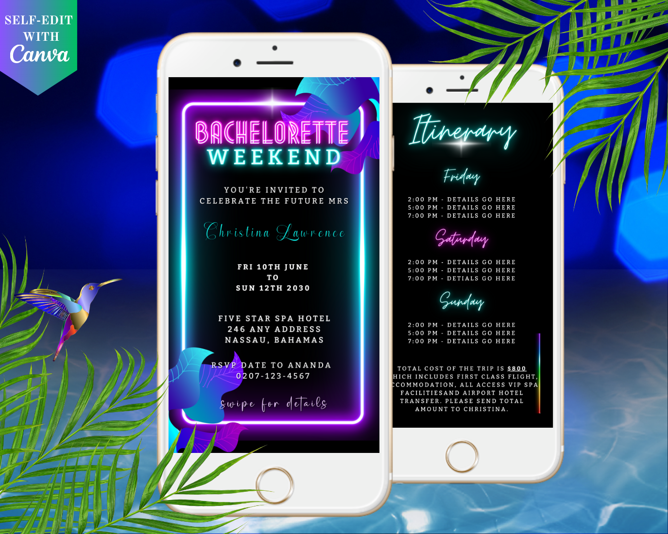 Customizable digital invitation template displayed on smartphones with neon accents, designed for a Bachelorette Weekend. Editable via Canva for easy personalization and electronic sharing.