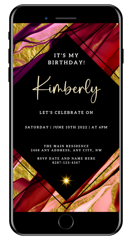 Maroon Ankara Themed Editable Birthday Evite displayed on a smartphone, featuring a black and gold invitation template for customization via Canva.