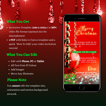 Editable Digital Red Gold Ornament Glitter | Christmas Video Ecard displayed on a smartphone screen, showcasing text and festive design elements for easy customization.
