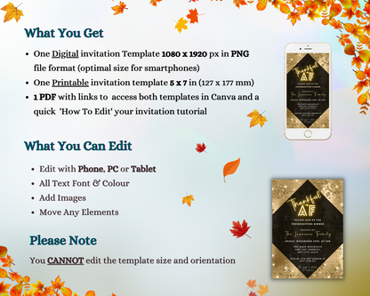 A screenshot of the Thankful AF Golden Leaves Diamond Thanksgiving Dinner Evite template, showcasing customizable invitation formats for digital and printable use.
