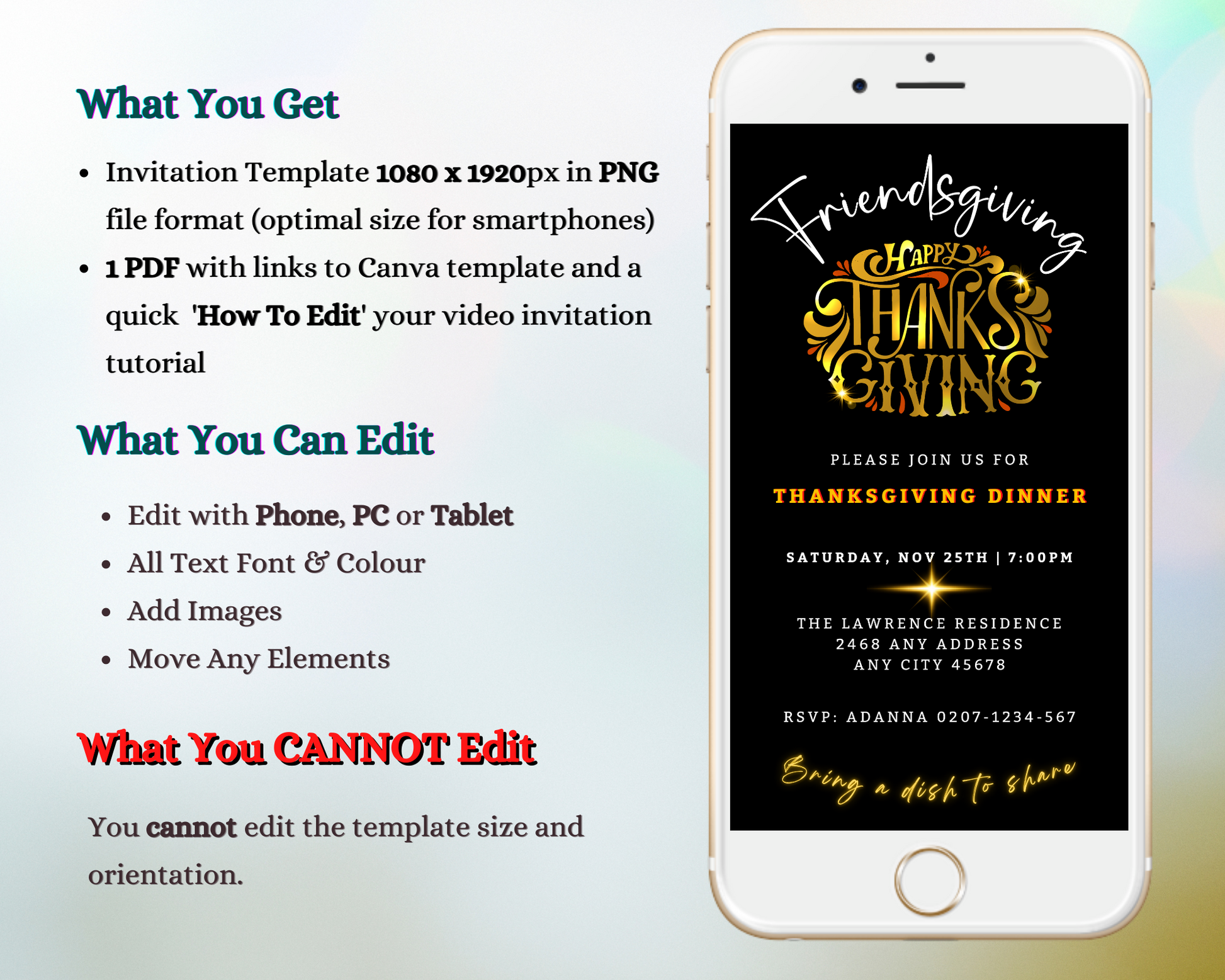 A smartphone displaying a customizable Gold Red Neon Black Friendsgiving Thanksgiving Evite template with editable text via Canva for digital invitations.