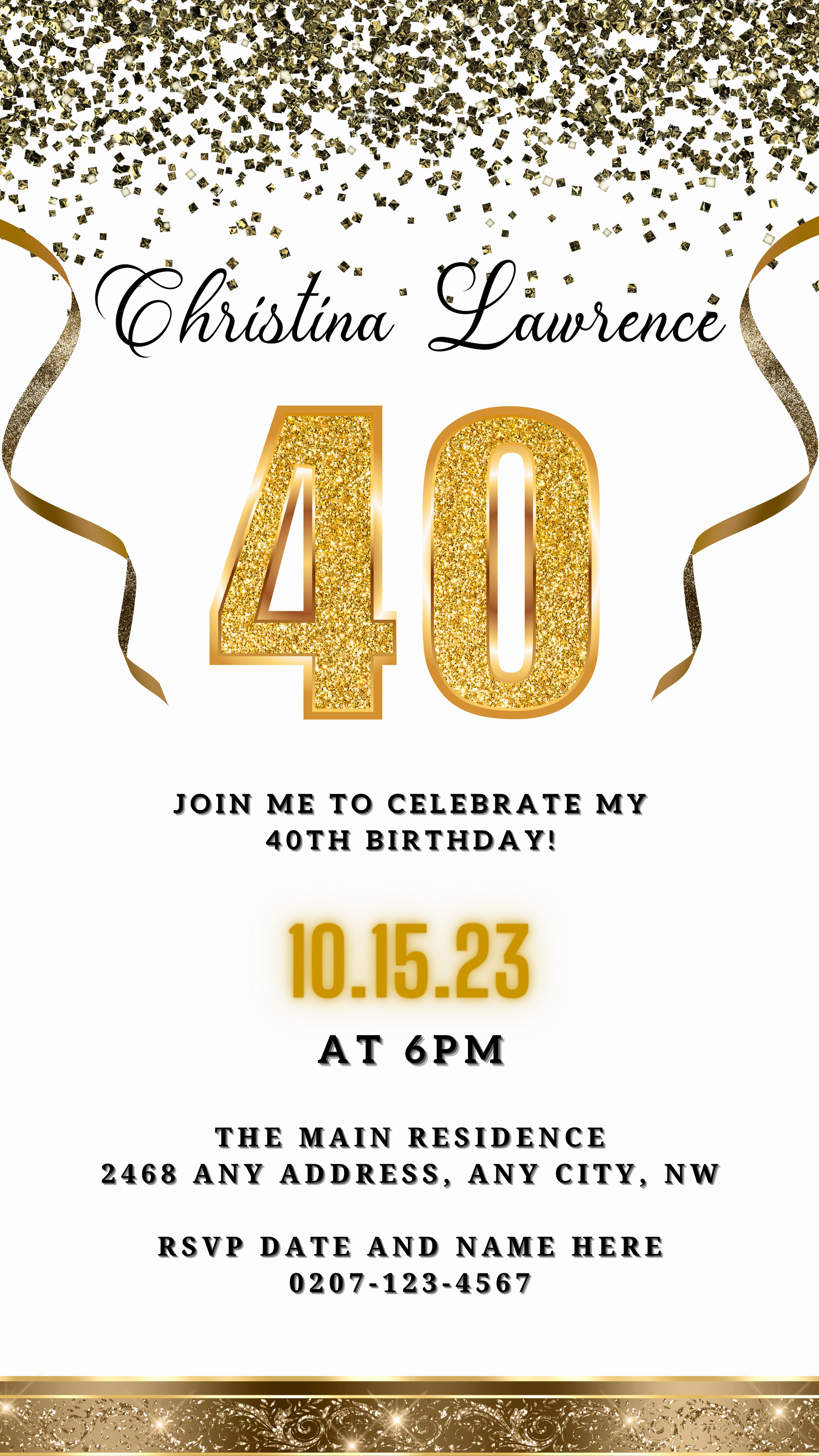 White Gold Confetti | 40th Birthday Evite featuring customizable gold and black text, glittery ribbons, and confetti, editable via Canva for digital invitations.