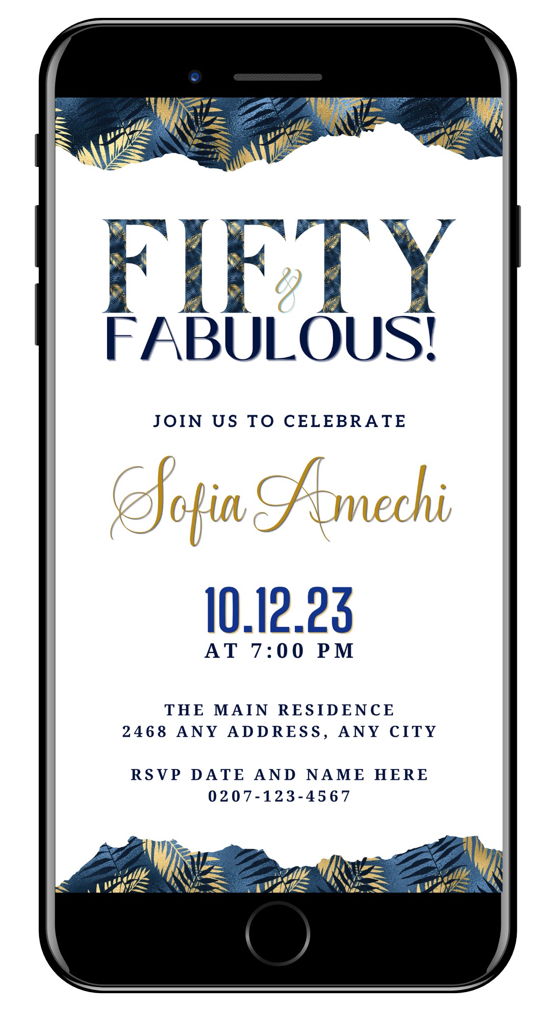 Digital Gold White Blue Tropical Fifty & Fabulous Party Evite displayed on a smartphone screen with customizable text and graphics, showcasing an elegant invitation design.