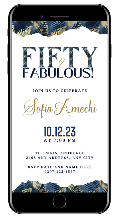 Digital Gold White Blue Tropical Fifty & Fabulous Party Evite displayed on a smartphone screen with customizable text and graphics, showcasing an elegant invitation design.