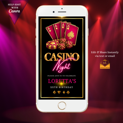 Casino Night Fuchsia Pink & Gold Animated Invitation Suite