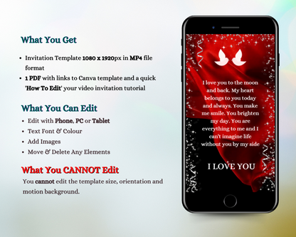 Smartphone displaying editable digital Valentine's ecard template with red flowing fabric and customizable text, designed for easy personalization and sharing via Canva.