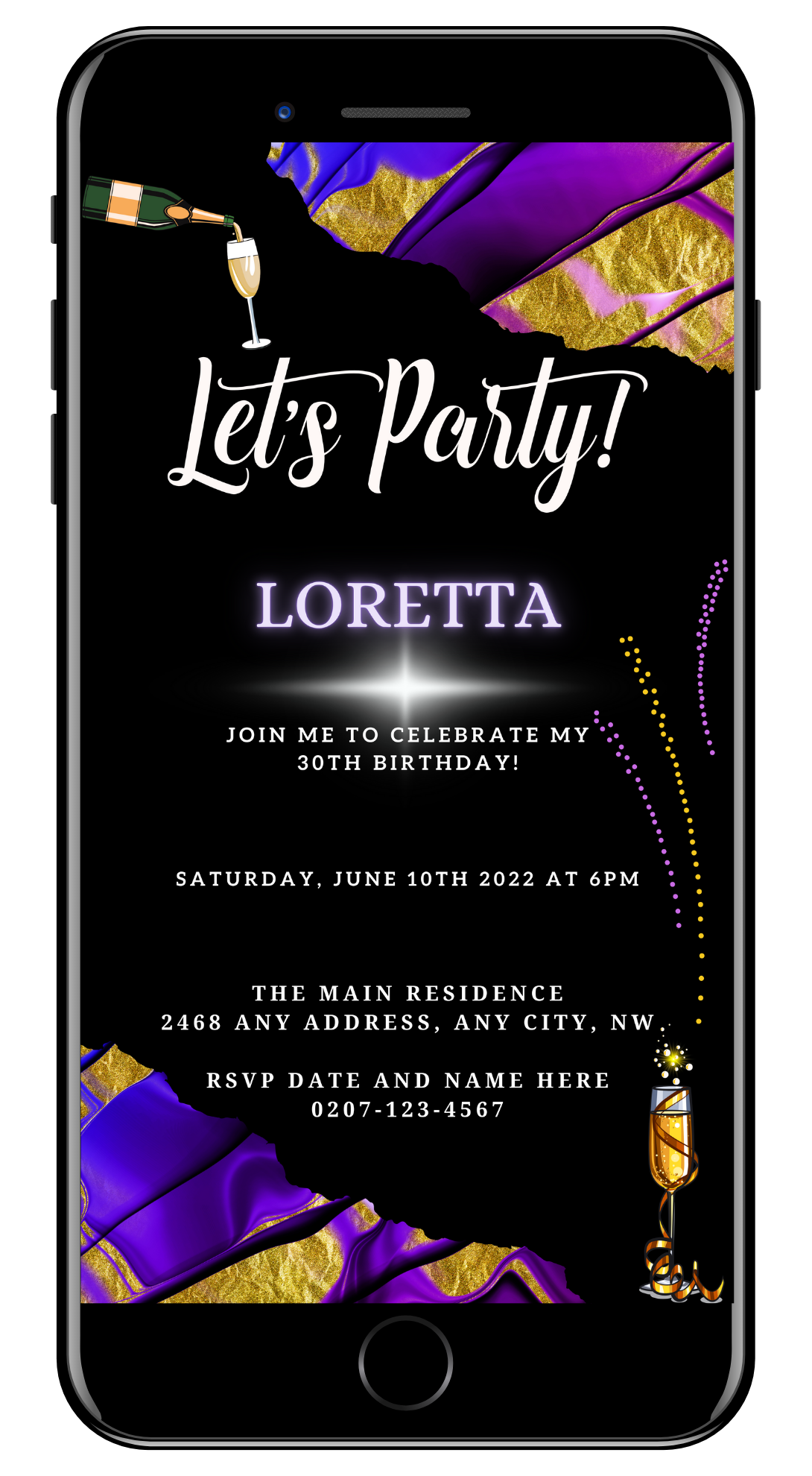 Purple Gold Ankara Customisable Party Evite: A digital black and purple invitation template with editable white text, available for download and personalization using Canva.