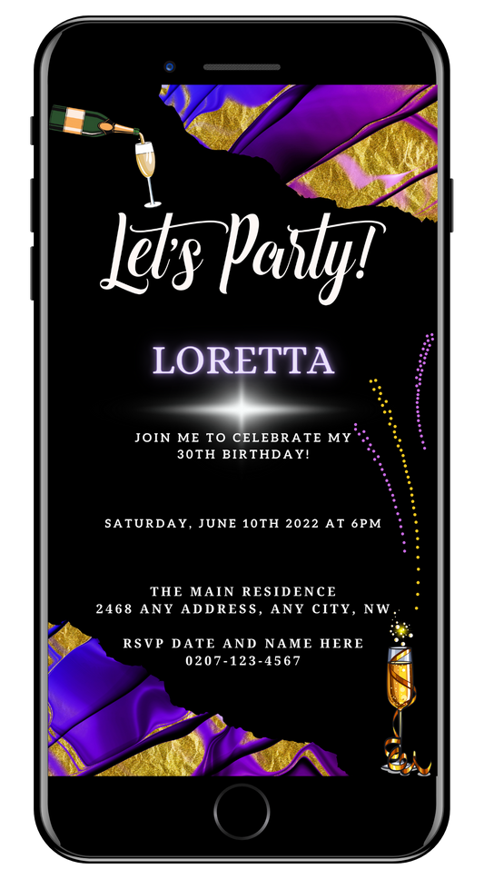 Purple Gold Ankara Customisable Party Evite: A digital black and purple invitation template with editable white text, available for download and personalization using Canva.