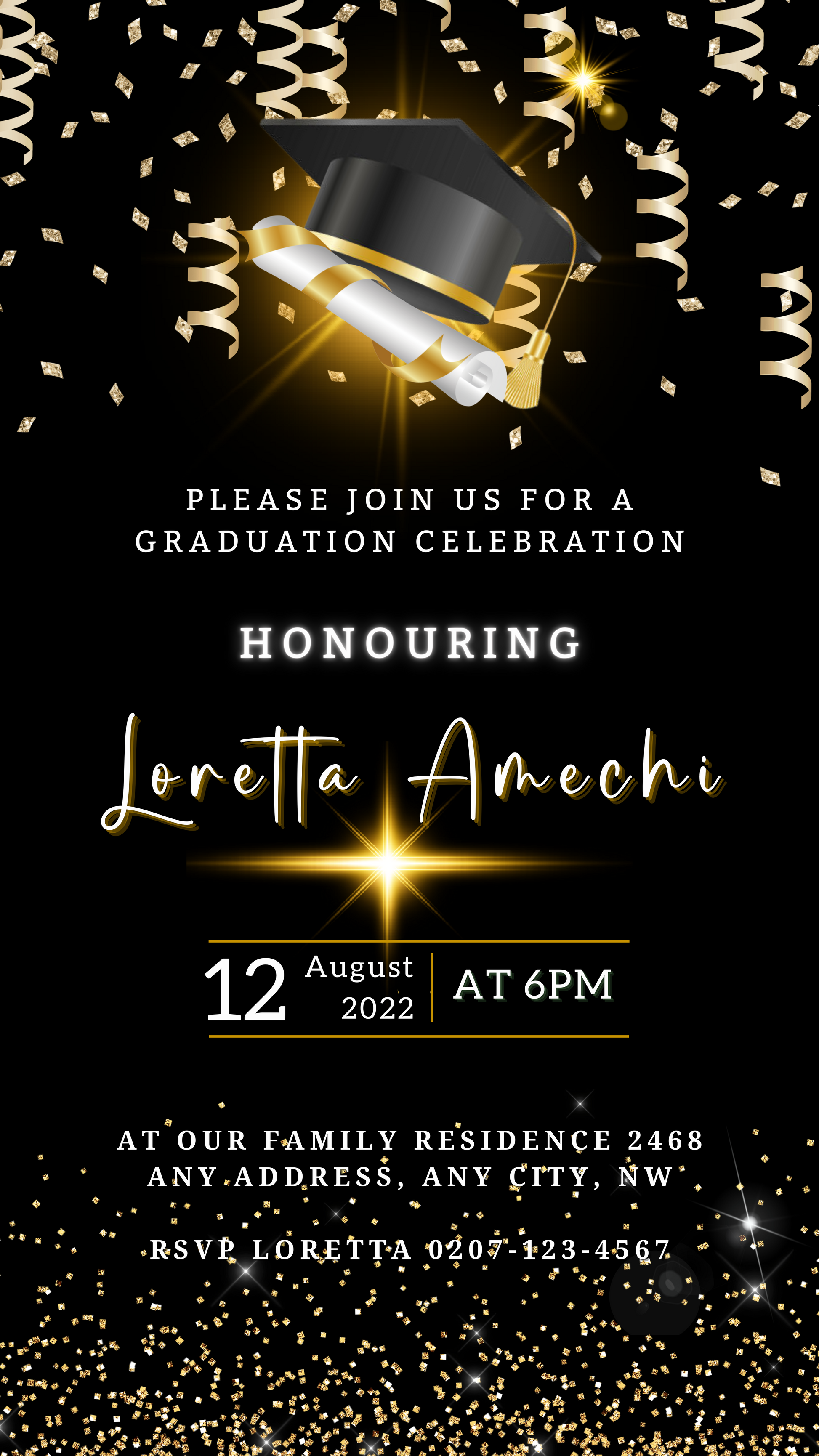 Black & Gold Graduation Invitation featuring a cap, scroll, and confetti, designed for personalization via Canva. Ideal for celebrating academic achievements digitally.