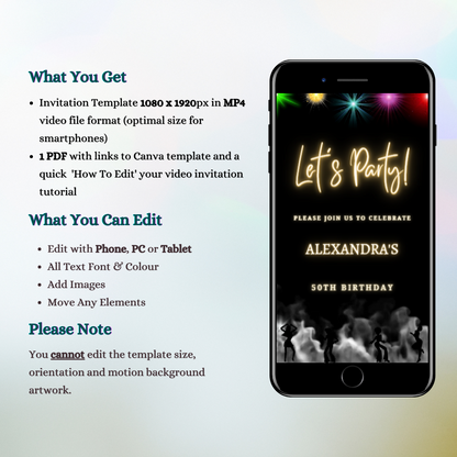 Customizable Digital Colourful Smoking Disco Birthday Party Video Invitation displayed on a smartphone screen, showcasing editable text and event details.