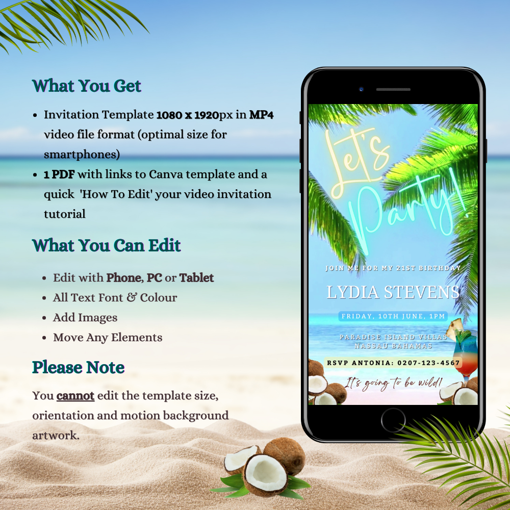 Digital Ocean Sound Palm Beach Party Video Invitation displayed on a smartphone, surrounded by coconuts and palm leaves on a beach background.