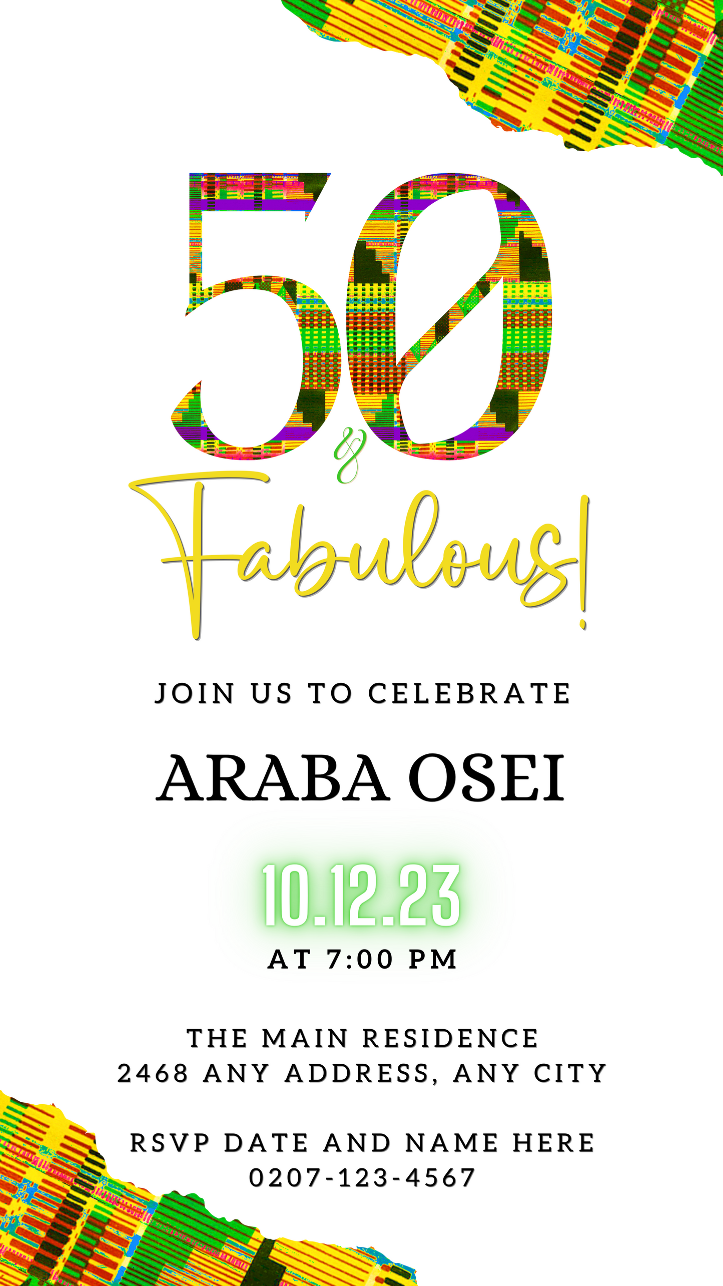 Customizable Green Yellow Kente 50 & Fabulous Birthday Evite template with vibrant patterns, editable text, and numbers, designed for easy personalization via Canva.