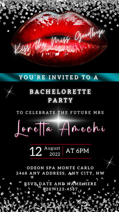 Close-up of red lips on a black background, promoting a customizable digital invitation template for bachelorette parties.