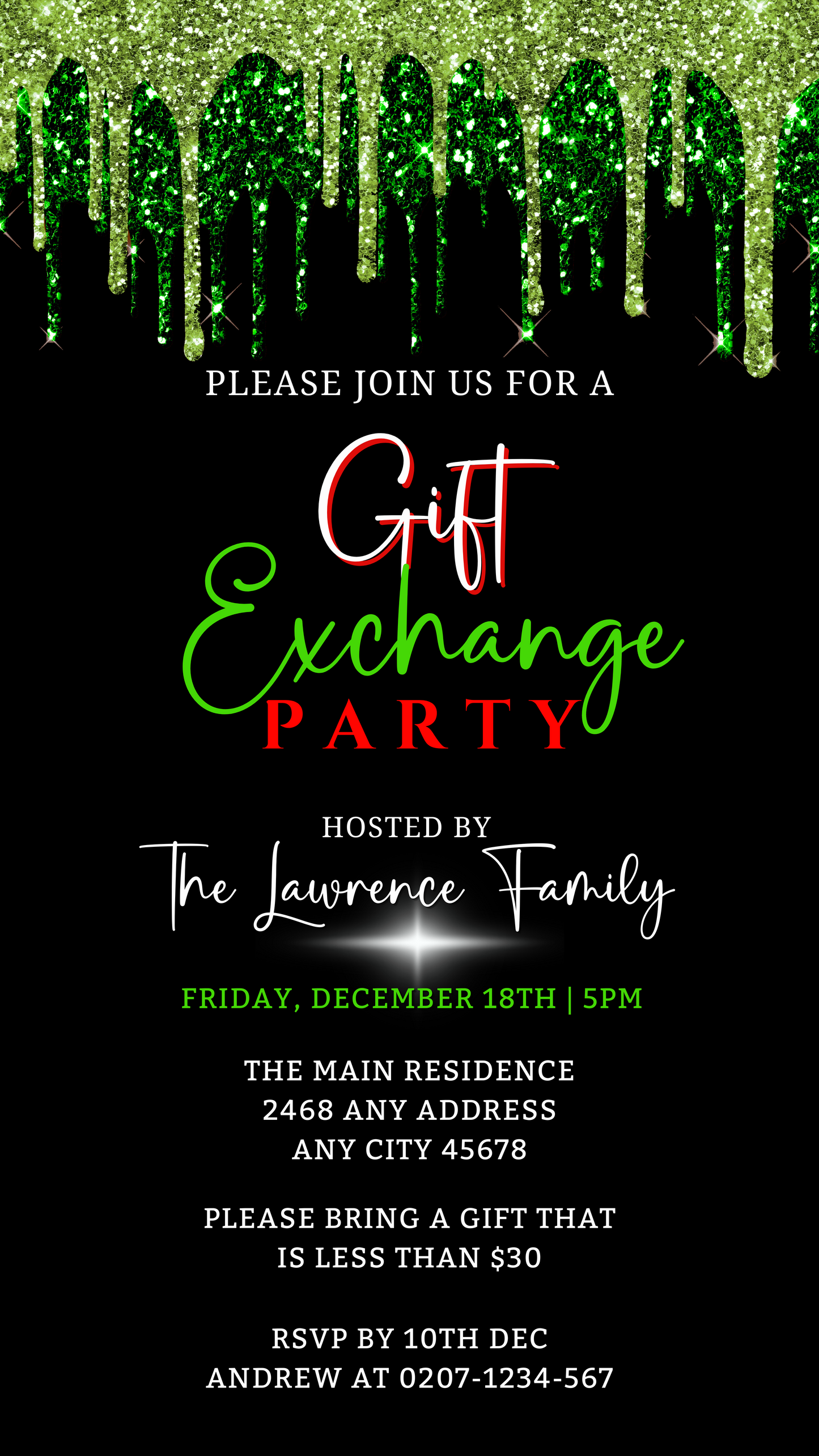 Green Drip Gift Exchange Party Invitation, editable digital template with green glitter drip on black background, customizable via Canva for easy personalization and electronic sharing.