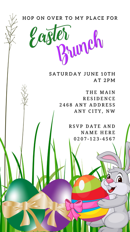 Cute Bunny & Colourful Easter Eggs | Easter Party Evite showing a cartoon bunny with colorful eggs and editable text, designed for easy customization via Canva.