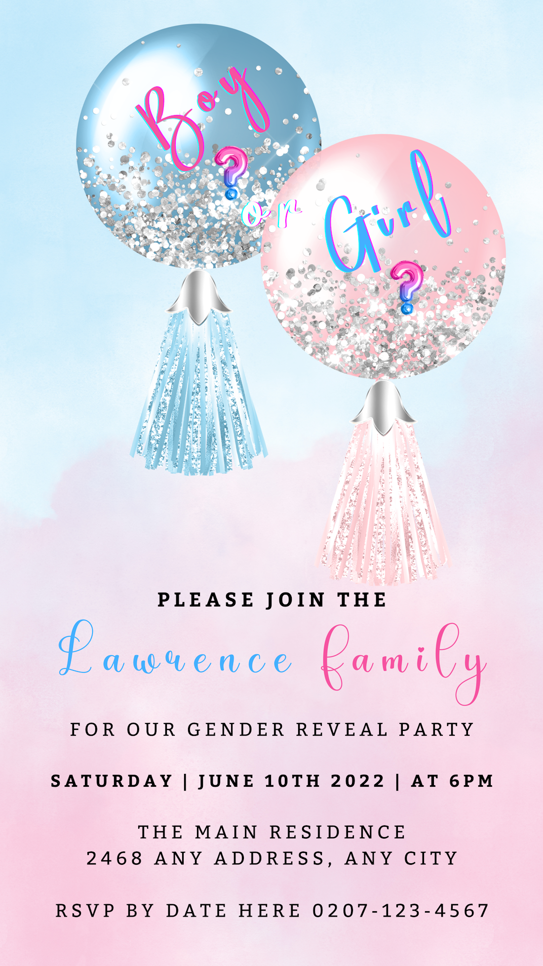 Customisable digital gender reveal invitation with pink and blue balloons and confetti, editable via Canva for smartphones, tablets, and PCs.