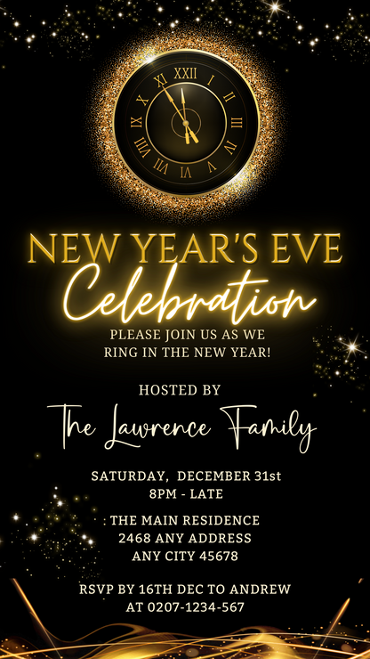 Gold Glitter Clock Celebration Neon | New Years Eve Party Evite featuring a black background with gold clock and editable event details.