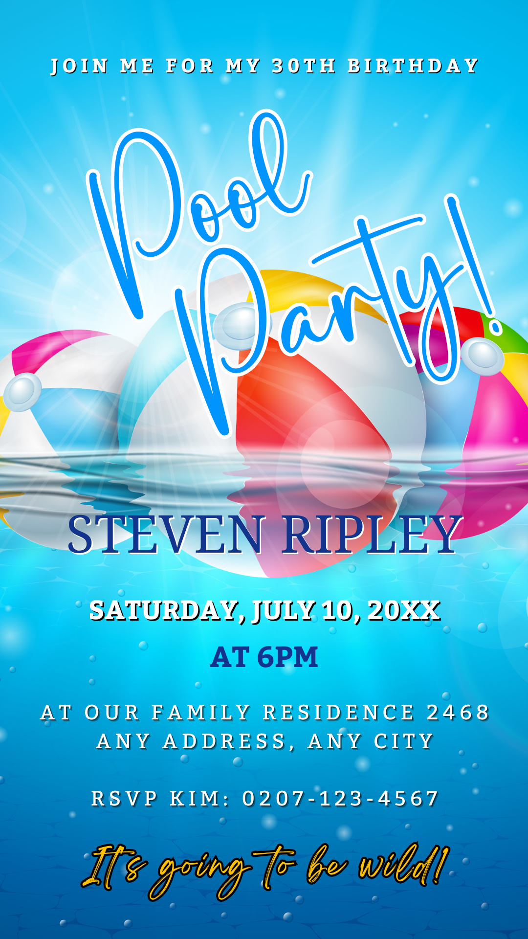 Digital Aqua | Pool Party Invitation featuring customizable text and beach balls in water, editable via Canva for easy electronic sharing.