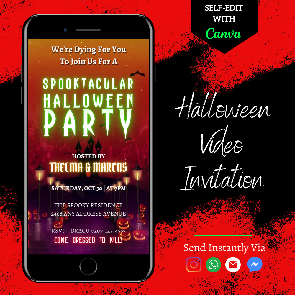 Haunted House Road | Halloween Party Video Invite displayed on a mobile phone screen, showcasing a spooky digital invitation with editable features.