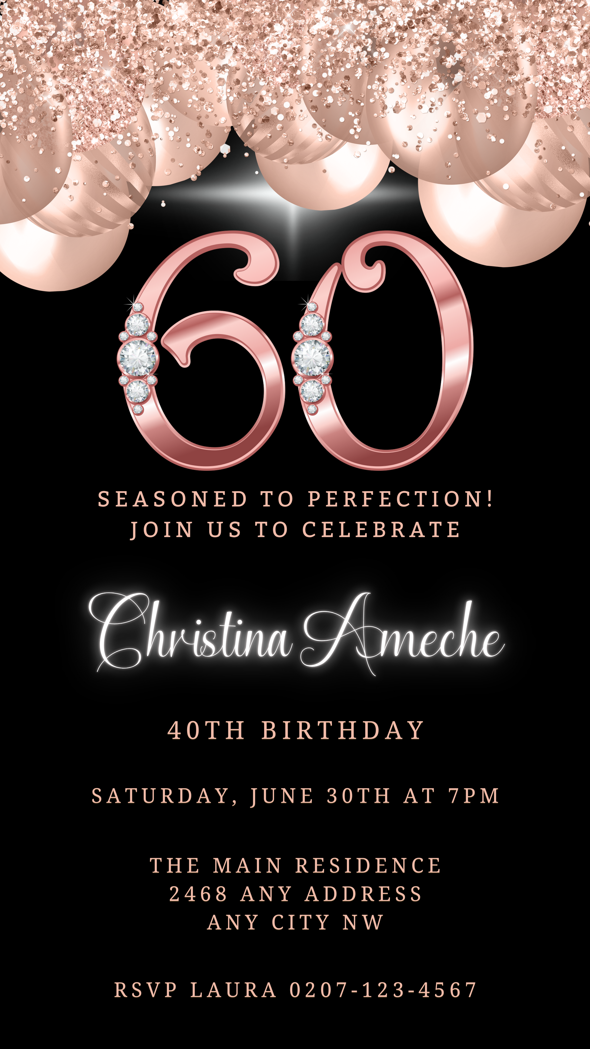 Customizable Digital Rose Gold Balloons Diamond Studs 60th Birthday Evite showing a black and gold invitation with diamonds and pearls, easily editable via Canva.