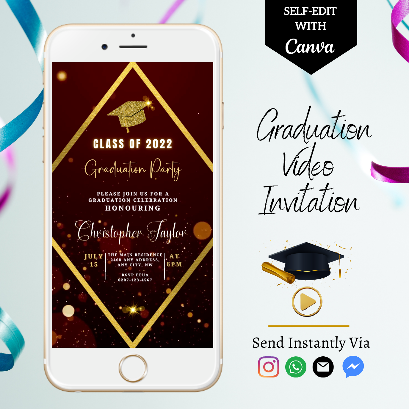 Customizable Burgundy Gold Glitter Graduation Video Invitation template displayed on a smartphone, showcasing graduation-themed design elements for digital editing and sharing.