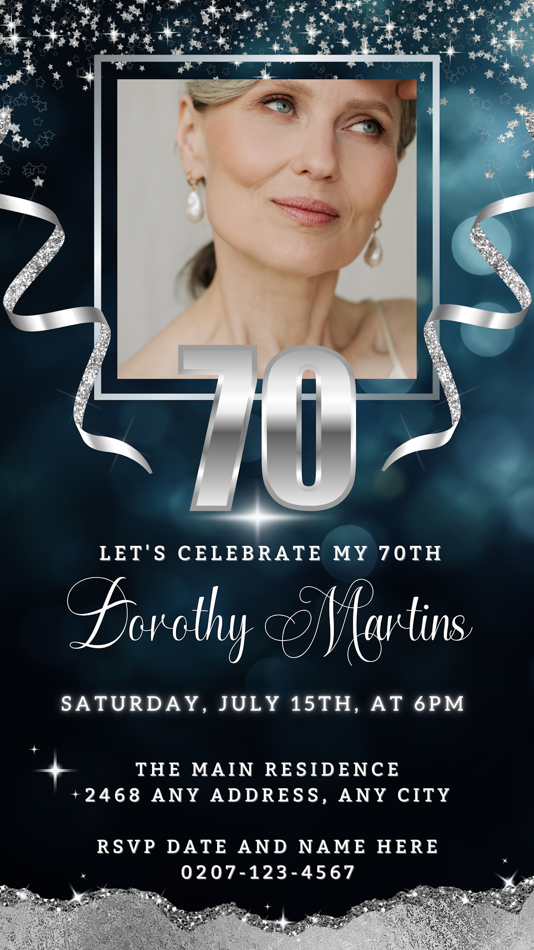 Woman's face adorned with silver ribbons, promoting a customizable Navy Blue Silver Glitter 70th Birthday Evite, editable via the Canva app for digital invitations.