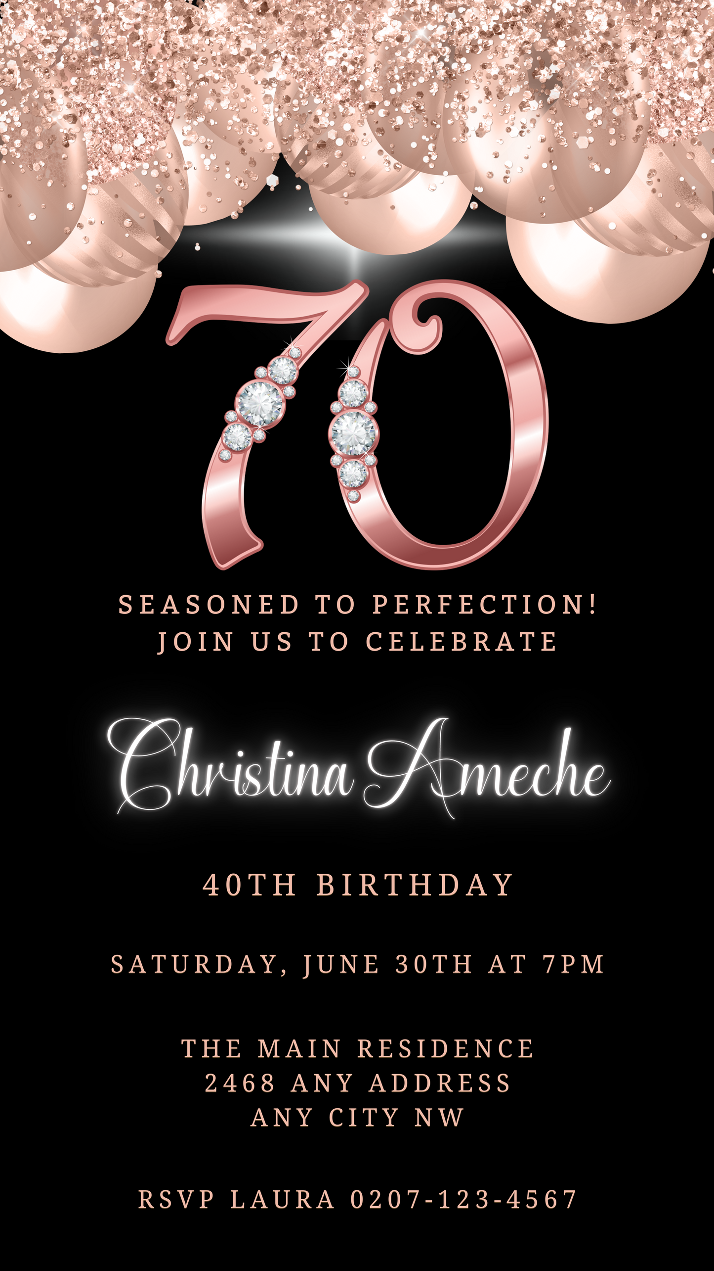 Rose Gold Balloons Diamond Studs 70th Birthday Evite featuring black and gold design with pearls, diamonds, and customizable text. Downloadable, editable digital invitation template for smartphones.
