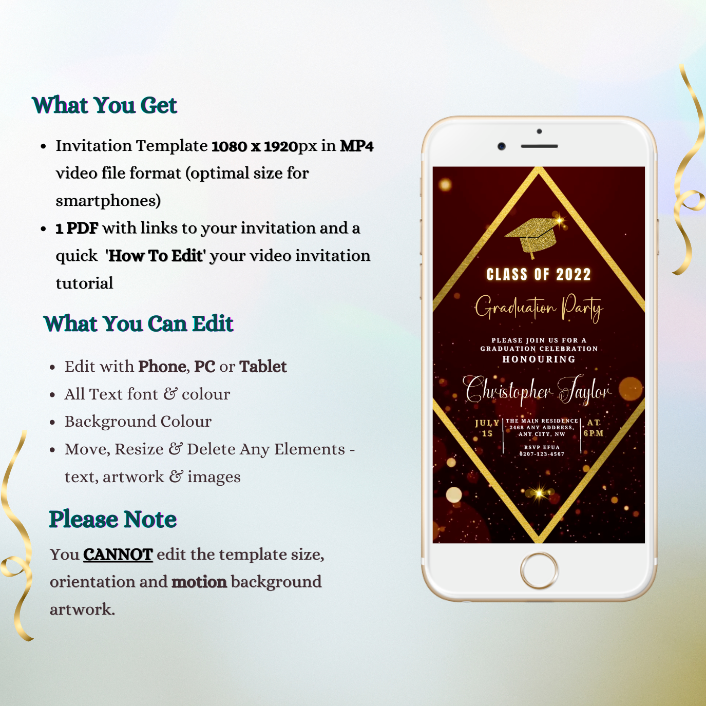 A customizable digital graduation video invitation with burgundy gold glitter design, editable via Canva on smartphones.