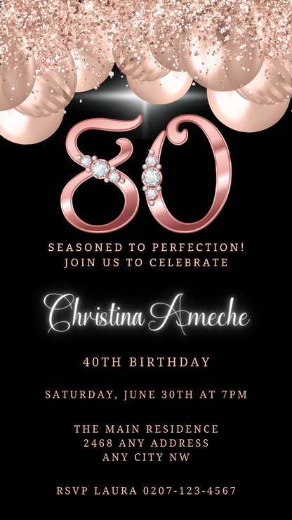 Rose Gold Balloons Diamond Studs | 80th Birthday Evite with customizable text, pink and gold accents, pearls, and diamond visuals. Downloadable, editable via Canva for digital sharing.