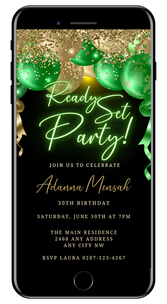 Customizable Gold Green Neon Balloons Birthday Party Evite displayed on a phone screen, showcasing a black and green invitation with gold accents.
