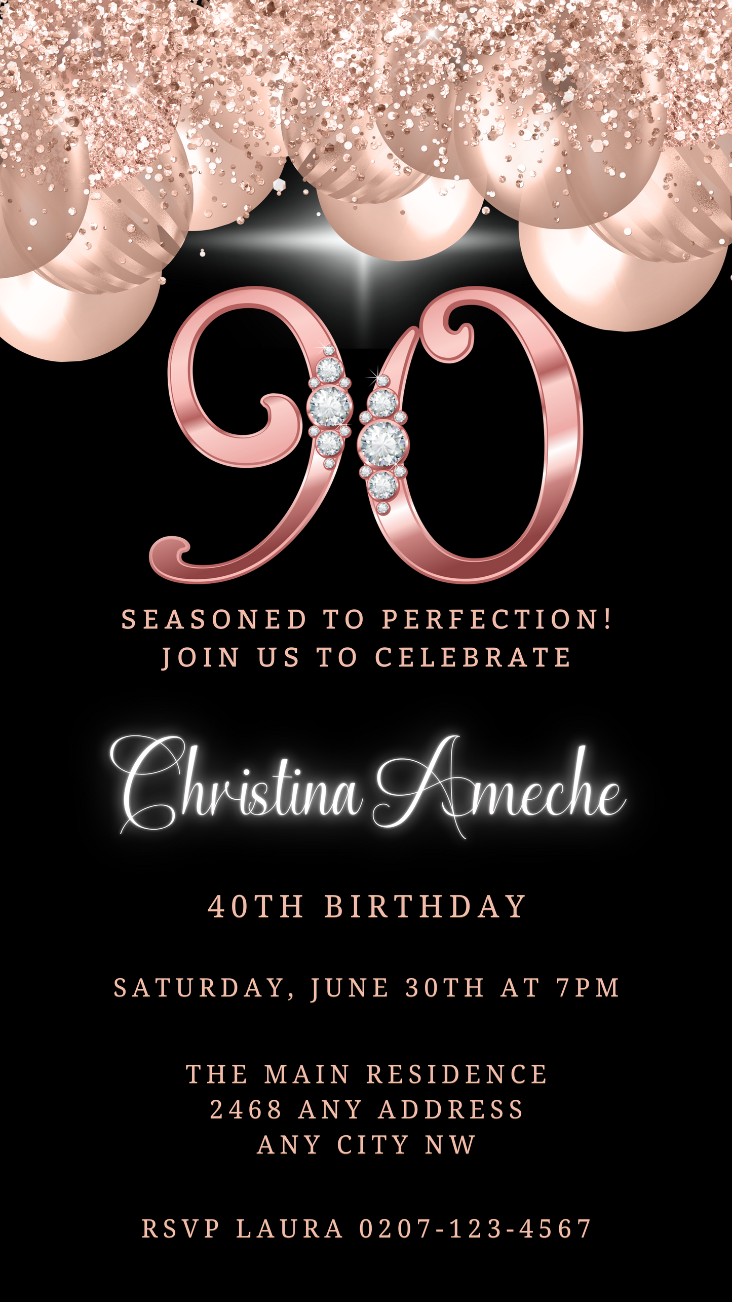 Rose Gold Balloons Diamond Studs | 90th Birthday Evite: customizable digital invitation with elegant black and gold design, pearls, diamonds, and editable text for easy personalization.