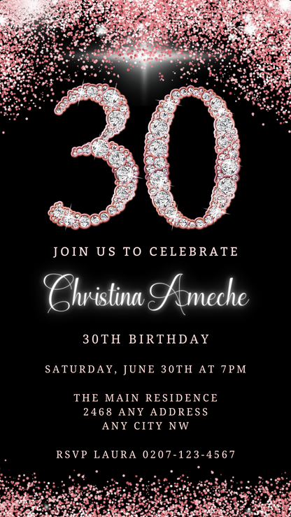 Rose Gold Glitter Diamond | 30th Birthday Evite featuring customizable text and diamond accents, editable via Canva for smartphone sharing.