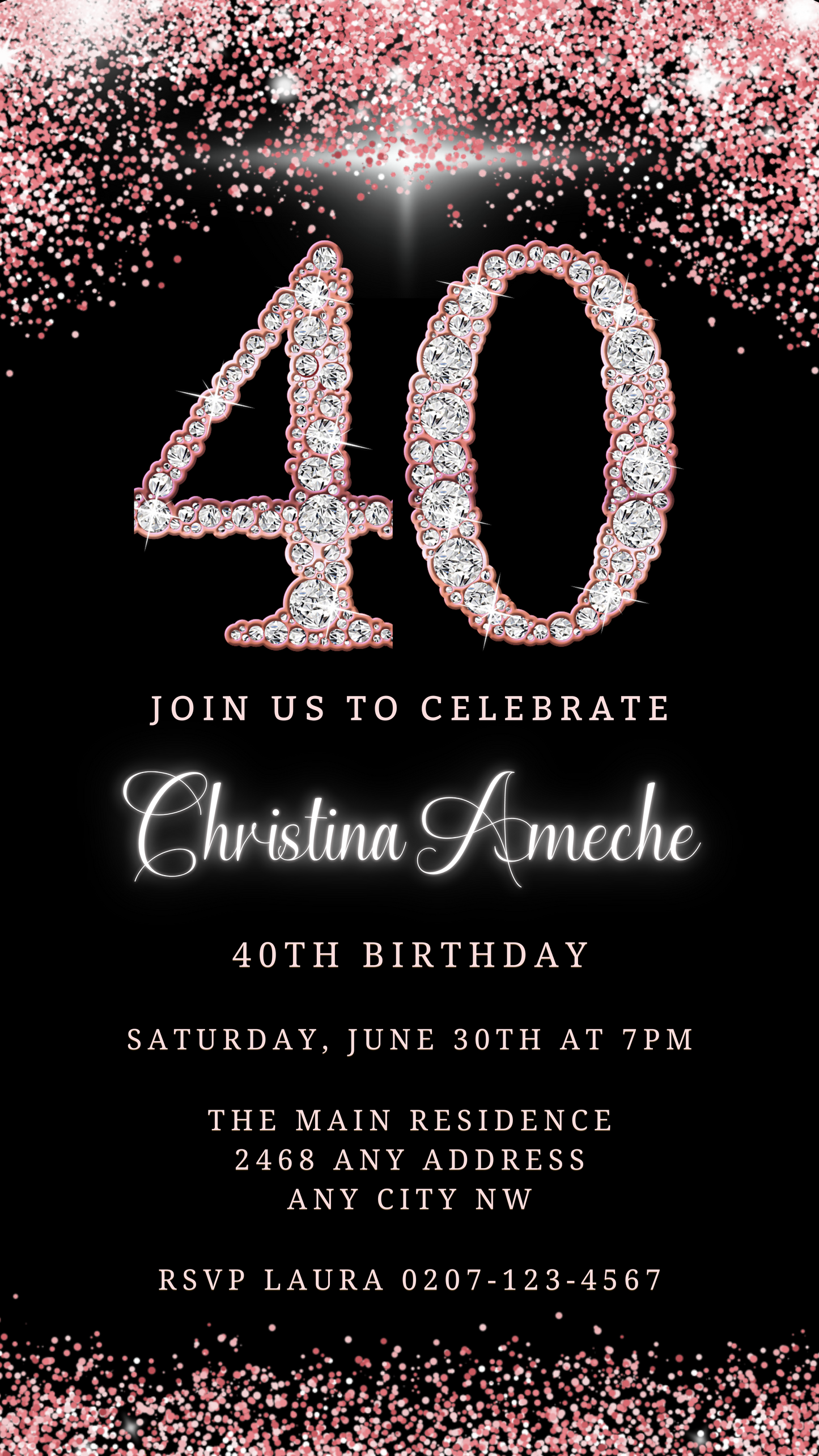 Rose Gold Glitter Diamond 40th Birthday Evite featuring white text and diamond accents on a black and gold background. Customizable, downloadable, and editable via Canva.