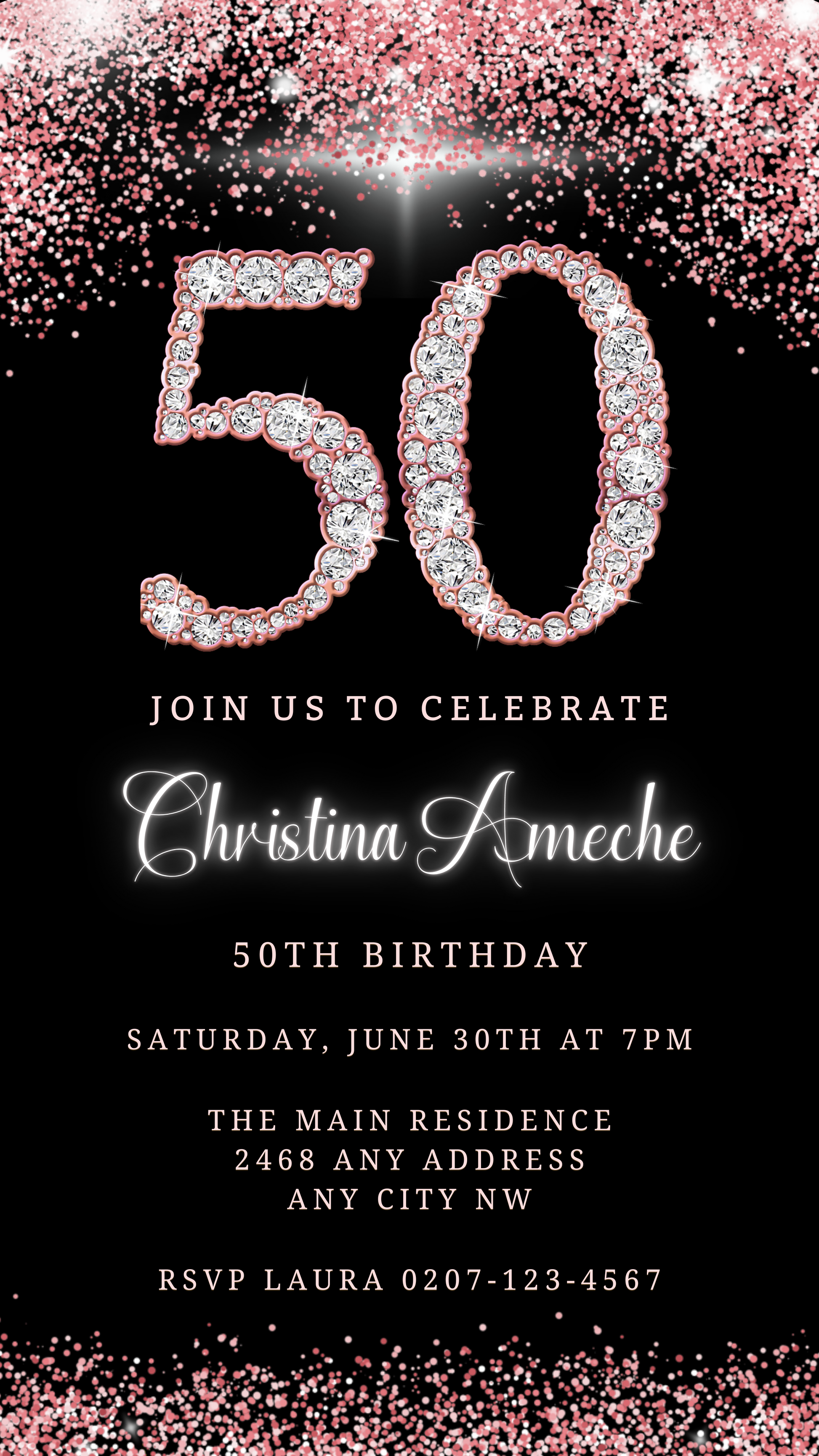 Customisable Rose Gold Diamond Glitter 50th Birthday Evite, featuring a black and white invitation with diamond elements, editable via Canva for digital sharing.