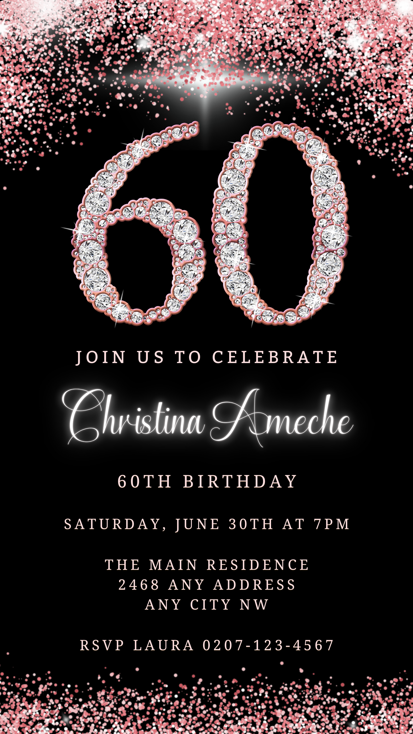 Rose Gold Diamond Glitter 60th Birthday Evite, customizable digital invitation template for smartphones, featuring editable text and design elements. Download and personalize using Canva.